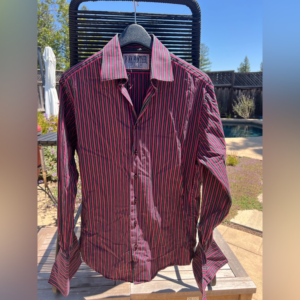 Thomas Pink Black and Pink Dress Shirt Vertical Stripes